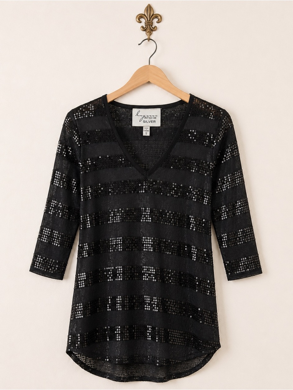 Lynn Ritchie sequin black sheer glitz holiday tunic top S
